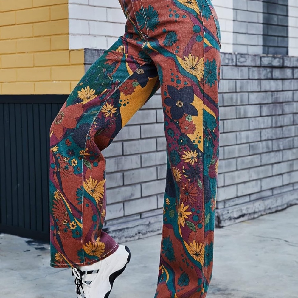 SHEIN Multicolor Floral Wide Leg Jeans
